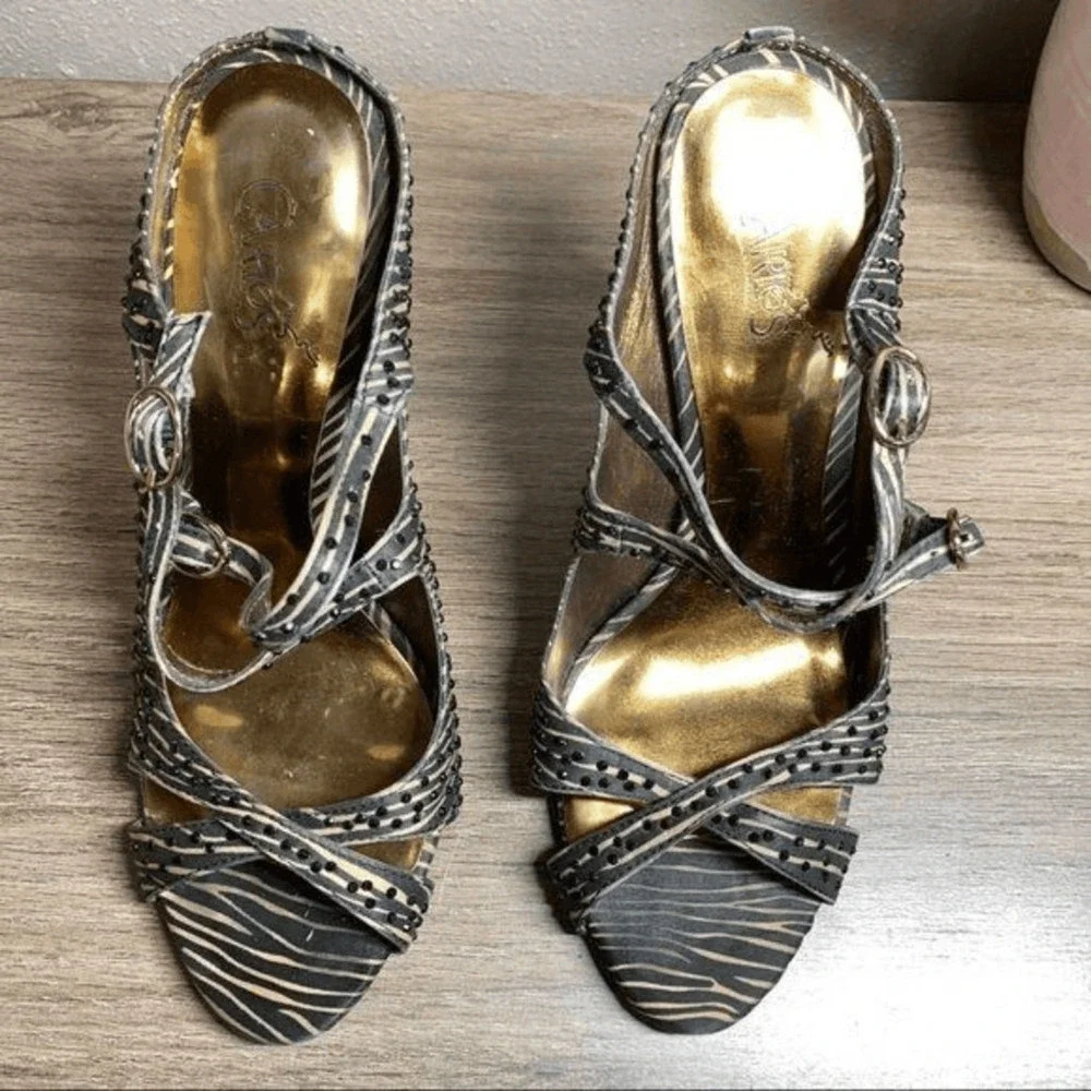 CARLOS SANTANA Black Studded Zebra Print‎ Heel, Size 6